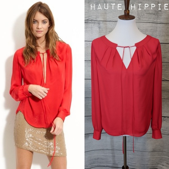 Haute Hippie Silk peasant blouse in Fire 🔥 Red